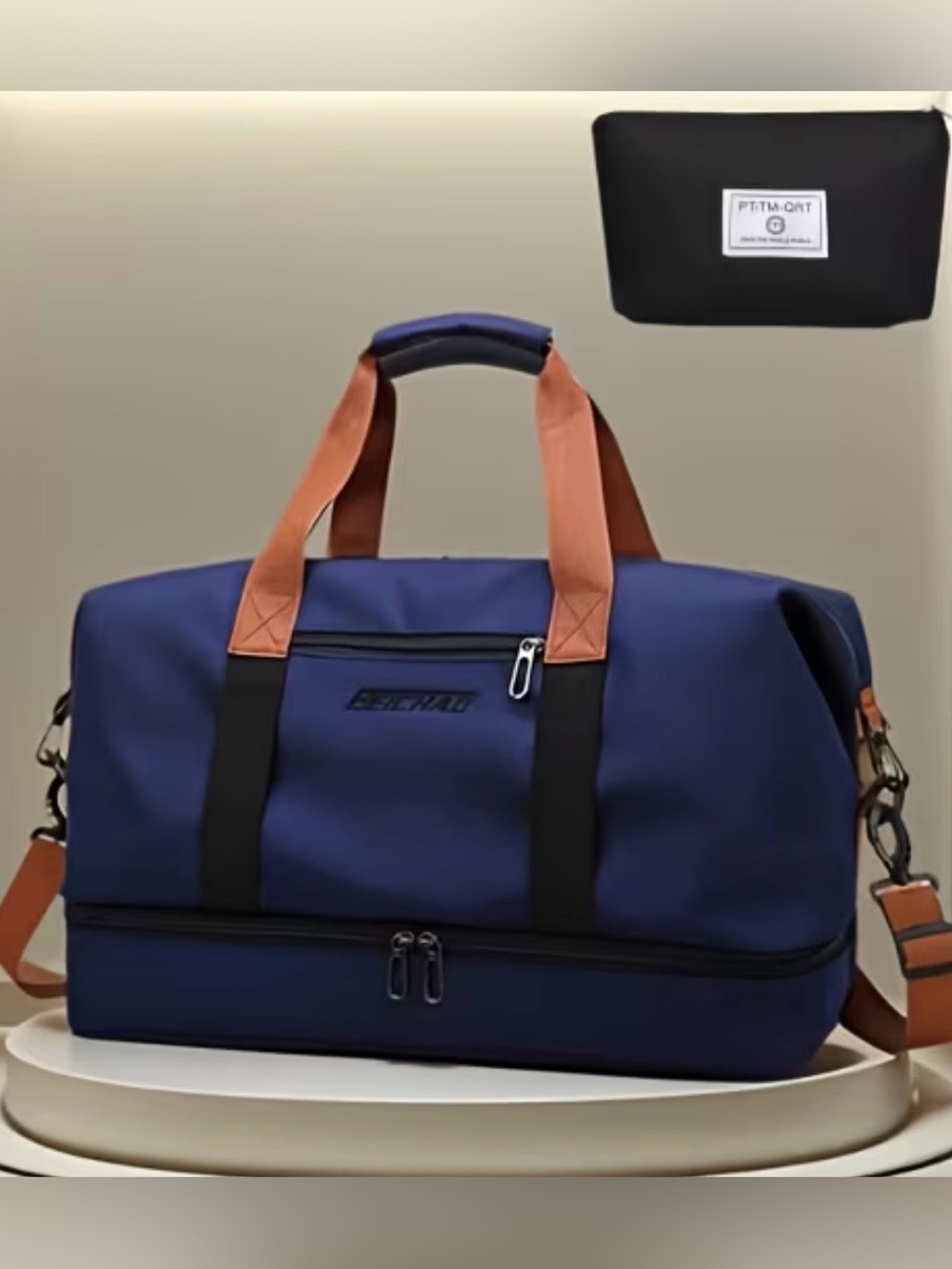 Navy Travel Duffel with Brown Handles